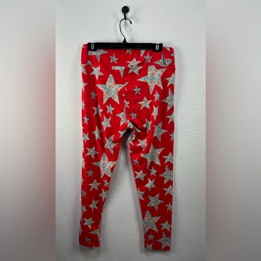 LuLaRoe Women’s Red Blue Star Pattern Leggings Sz OS Casual Effortless Retro